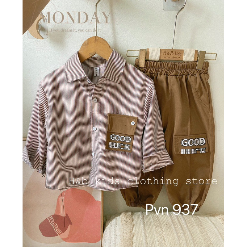 Bộ sơ mi kẻ nâu goodluck bé trai