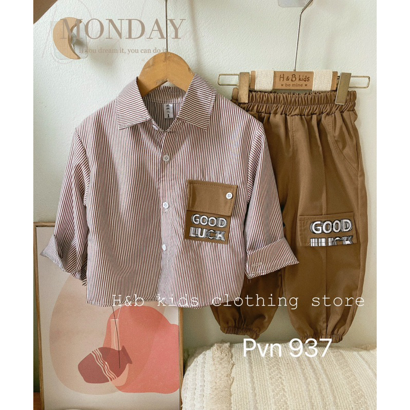 Bộ sơ mi kẻ nâu goodluck bé trai