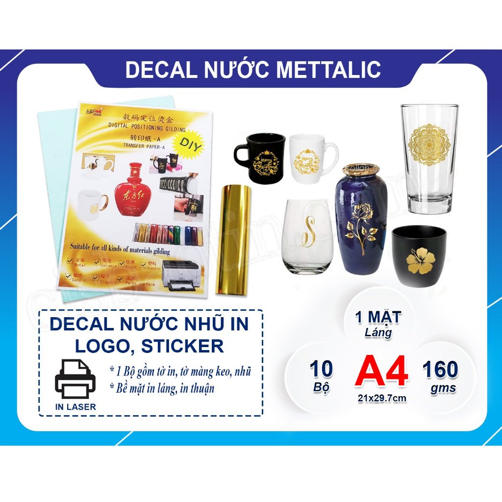 Decal trượt nước Mettalic 10 bộ khổ A4 dùng cho gốm sứ