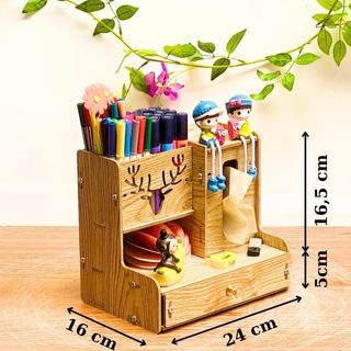 Hộp đựng bút để bàn, kệ hồ sơ, kệ văn phòng kèm hộp khăn giấy bằng gỗ HV11 - Tặng kèm 1 kệ điện thoại