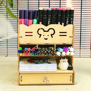 Kệ bút để bàn đựng hồ sơ dụng cụ văn phòng đa năng bằng gỗ HV10 - Tặng kèm giá đỡ điện thoại