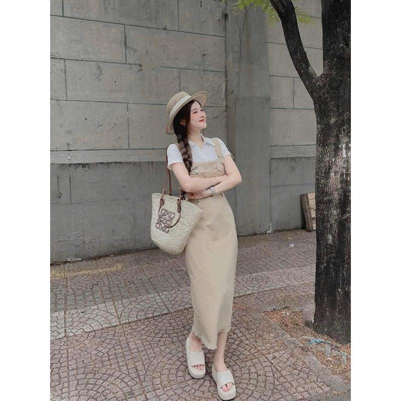 Yếm Bò Nâu Dáng Váy  chất kaki Siêu Siêu Hot Phối áo sơ mi trắng chất bozip xịn sò