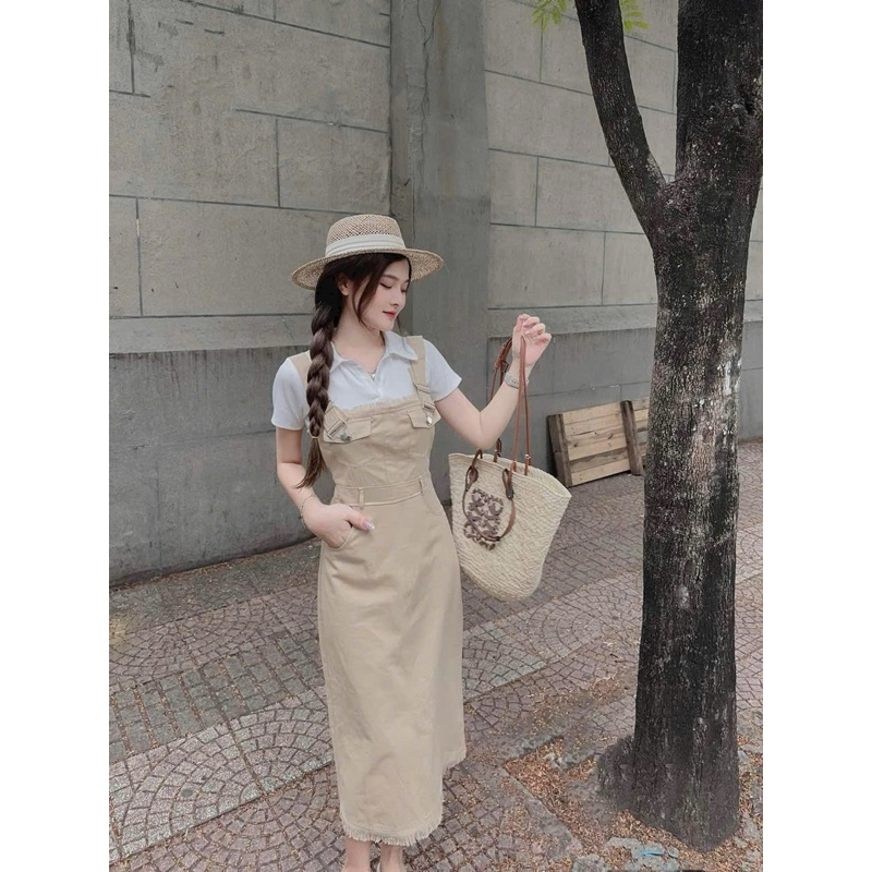 Yếm Bò Nâu Dáng Váy  chất kaki Siêu Siêu Hot Phối áo sơ mi trắng chất bozip xịn sò