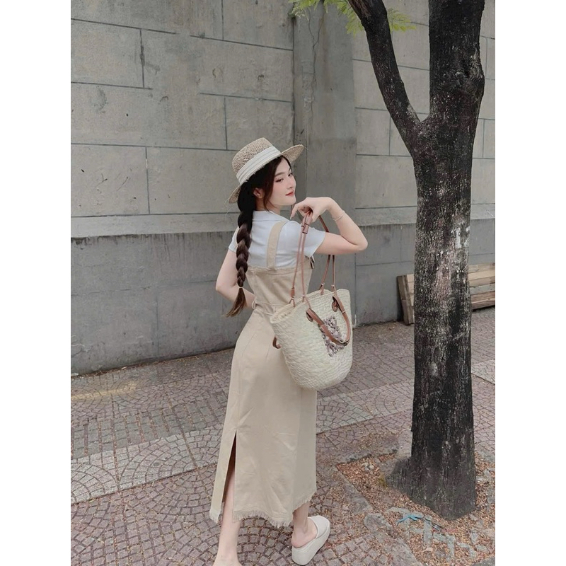 Yếm Bò Nâu Dáng Váy  chất kaki Siêu Siêu Hot Phối áo sơ mi trắng chất bozip xịn sò