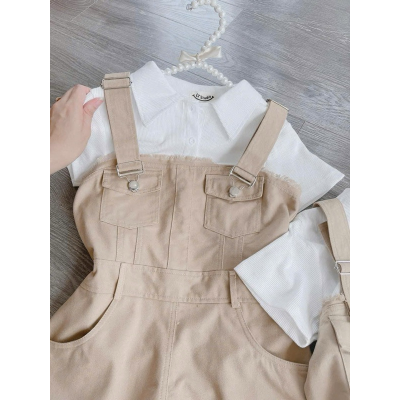Yếm Bò Nâu Dáng Váy  chất kaki Siêu Siêu Hot Phối áo sơ mi trắng chất bozip xịn sò