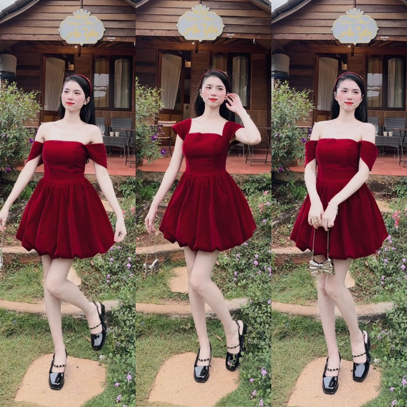 ĐẦM NHUNG XOÈ THÊU HOA TAY PHỒNG - màu đỏ tết và noel