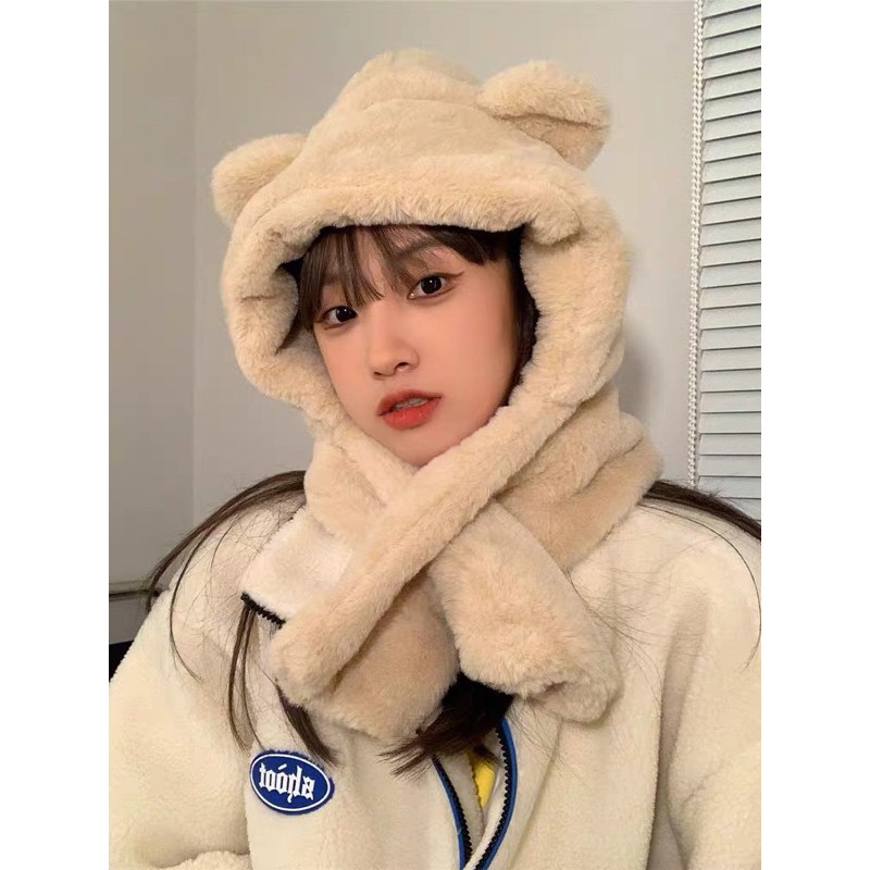 Mũ lông mịn giữ ấm mùa đông tai gấu kèm khăn cổ cute