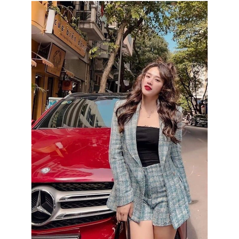 blazer dạ tweed xanh xước chuẩn auth Zara