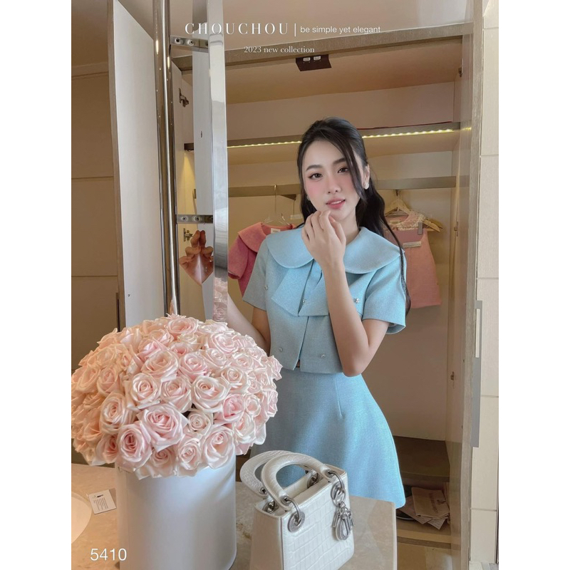 Sét Áo Kiểu Đính Đá Tiểu Thư + Chân Váy Có Lót quần .V090495