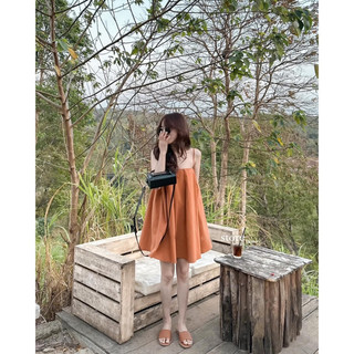 (T'achi) Đầm nâu 2 dây suông ngắn trên gối