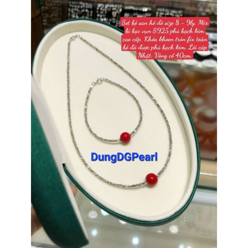 Bộ trang sức bạc san hô đỏ tròn đều nguyên khối 8-9ly phối bi bạc vụn