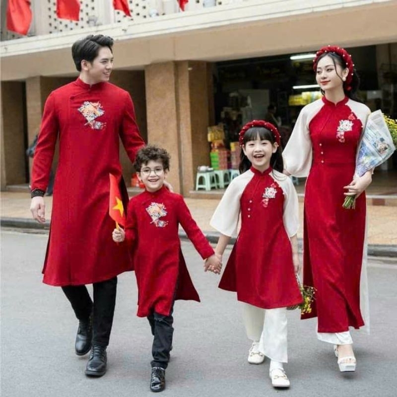 Sét áo dài gia đình  cao cấp chất vải đẹp mềm mại họa tiết thêu cao cấp hàng thiết kếk