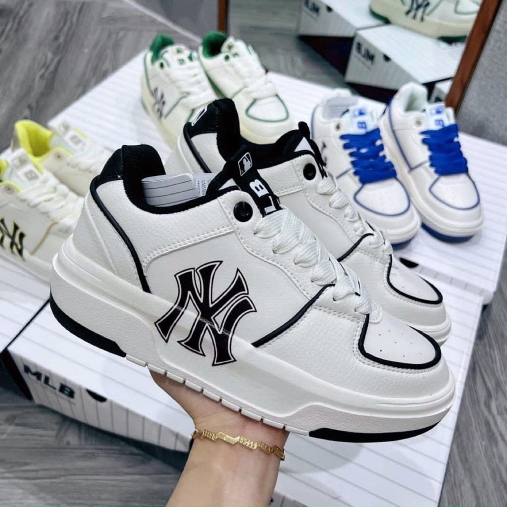Giày MLB Chunky Nam Nữ Cao Cấp, Giầy NY Đen, NY Xanh, NY Trắng, B Kem, B Xanh Độn Đế Tăng Chiều Cao Full Phụ Kiện