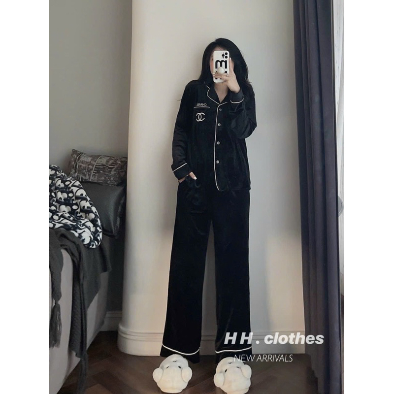 Bigsize - Set Nhung Pizama Viền Thêu