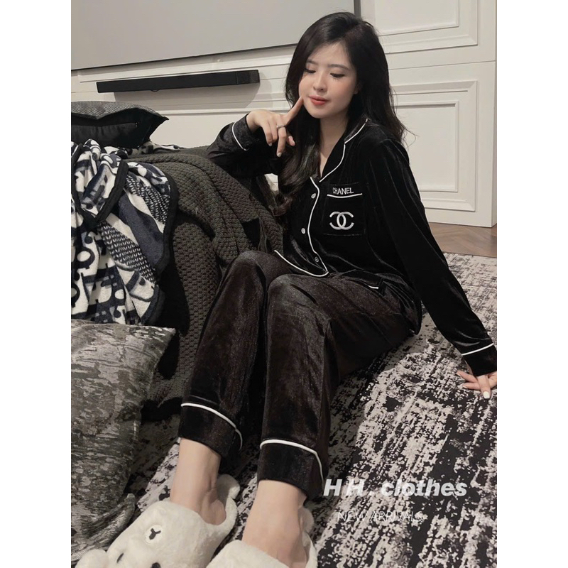 Bigsize - Set Nhung Pizama Viền Thêu