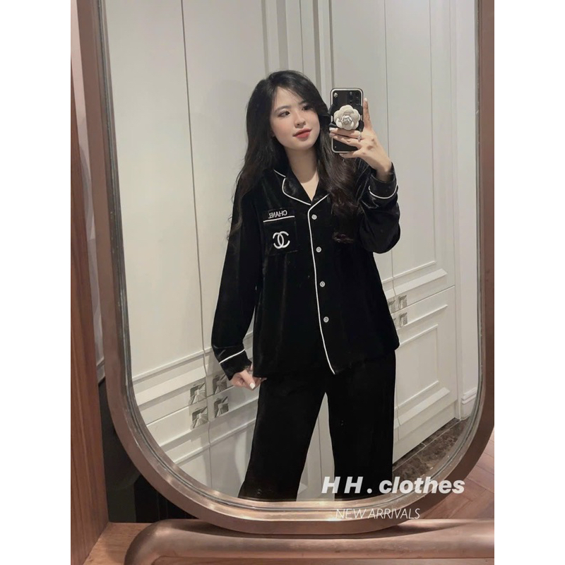Bigsize - Set Nhung Pizama Viền Thêu