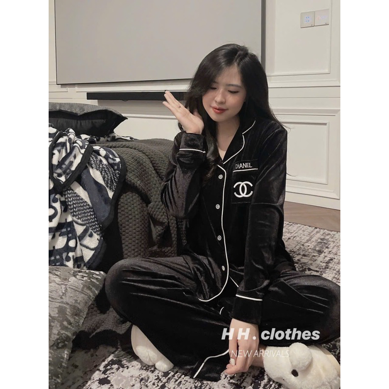 Bigsize - Set Nhung Pizama Viền Thêu