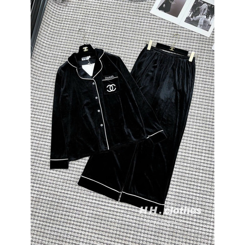 Bigsize - Set Nhung Pizama Viền Thêu