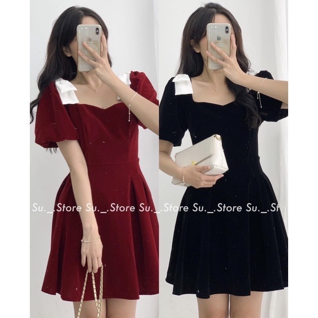 Váy nhung vai nơ tay bồng TH789