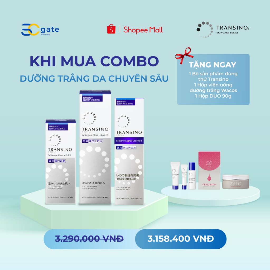 Bộ 3 Sản Phẩm Dưỡng Trắng Da Chuyên Sâu TRANSINO Clear Lotion EX - Essence EX II - Clear Milk