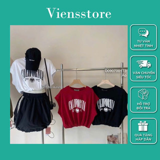 Áo thun croptop cổ tròn bo eo ngực in chữ cá tính VIENS STORE