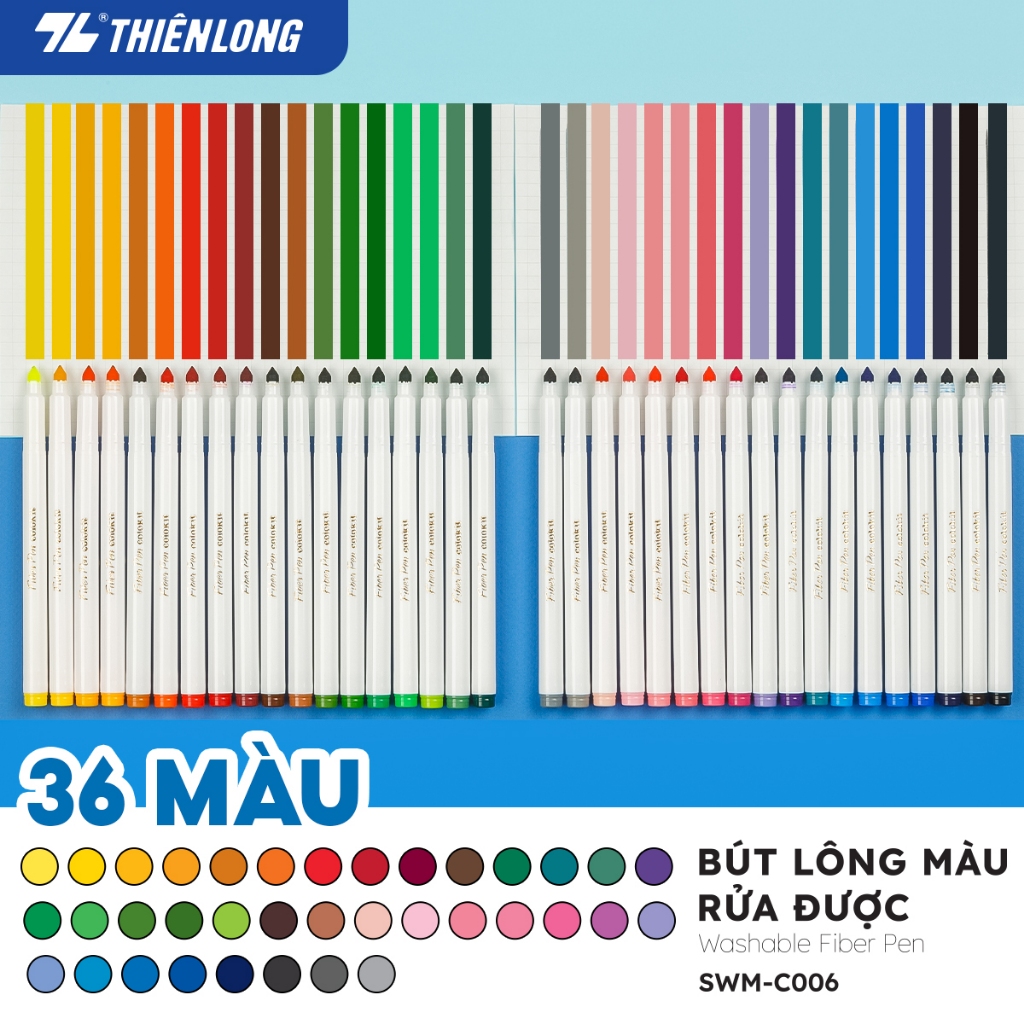 Bút lông màu Fiber Pen Washable Thiên Long 36 màu - Nét mảnh nét to - Colokit SWM-C006