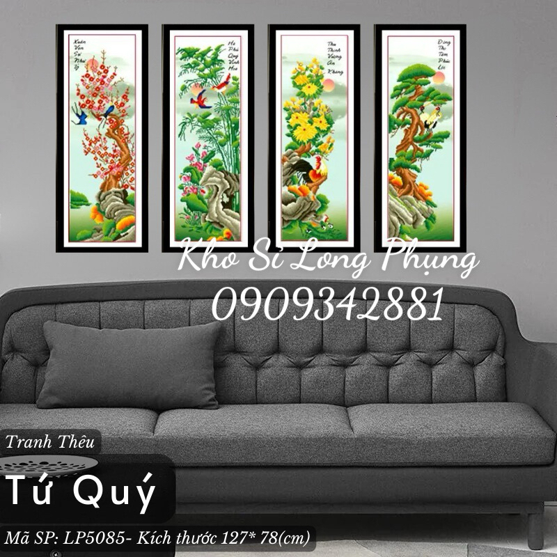 (Kho sỉ)Tranh thêu chữ thập Tứ Quý đào Lan Cúc Trúc 5085 127x78 cm( chưa thêu )