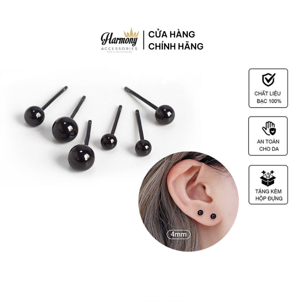 Khuyên tai tròn bi đen nữ bạc 925 basic đơn giản nhiều size (1 chiếc) | HARMONY ACCESSORIES K245