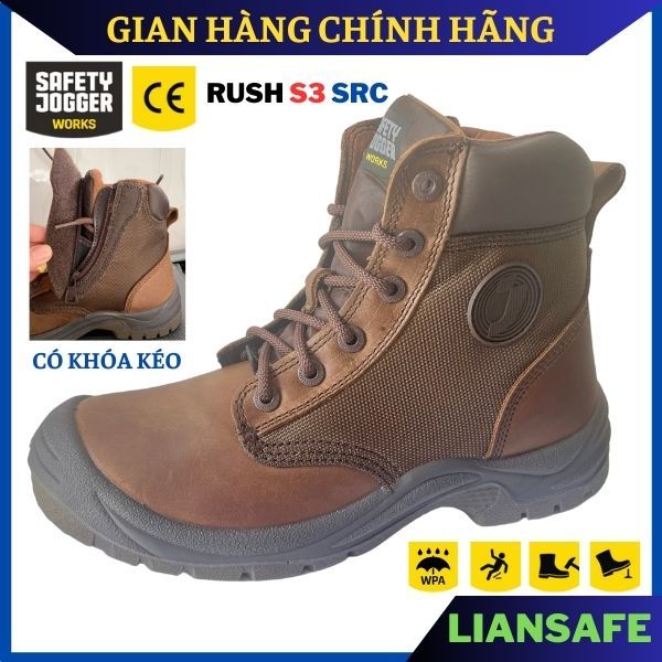 Giày bảo hộ lao động nam cổ cao Safety Jogger Rush S3 da bò - có khóa kéo - Giày công trình nam - mũi sắt chống đinh