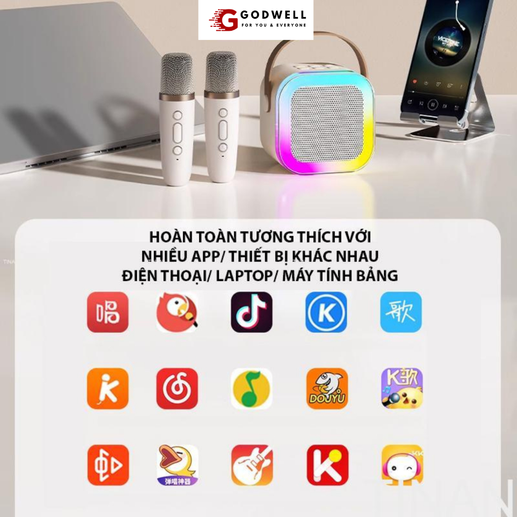 Loa Bluetooth Karaoke Mini TẶNG KÈM 2 MIC GODWELL Sạc Pin Không Dây Âm Thanh Hay Bass Chuẩn KR01