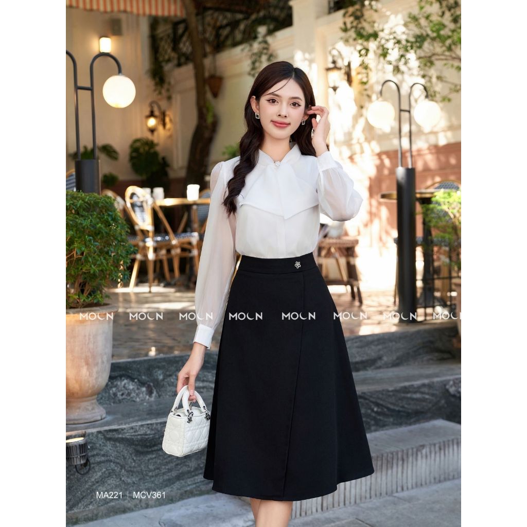 Áo sơ mi mix chân váy công sở 𝐌𝐎𝐎𝐍 áo dài tay cổ nơ chất tơ gương MA221 mix chân váy xòe chất tuyết mưa basic MCV361