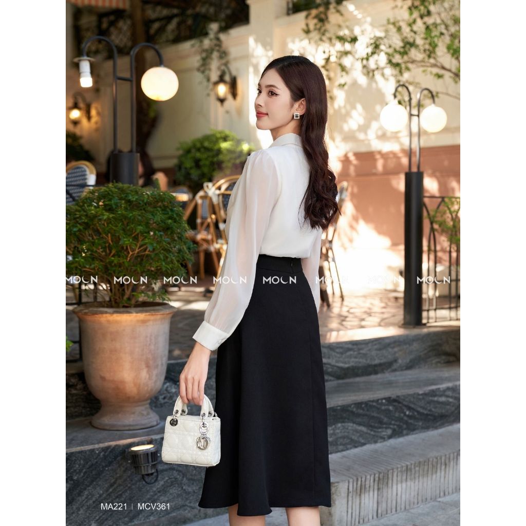 Áo sơ mi mix chân váy công sở 𝐌𝐎𝐎𝐍 áo dài tay cổ nơ chất tơ gương MA221 mix chân váy xòe chất tuyết mưa basic MCV361