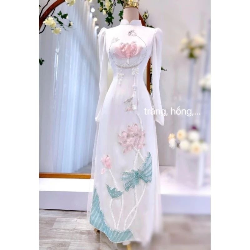 Áo dài tay phồng hoa sen tiệc hỏi cưới