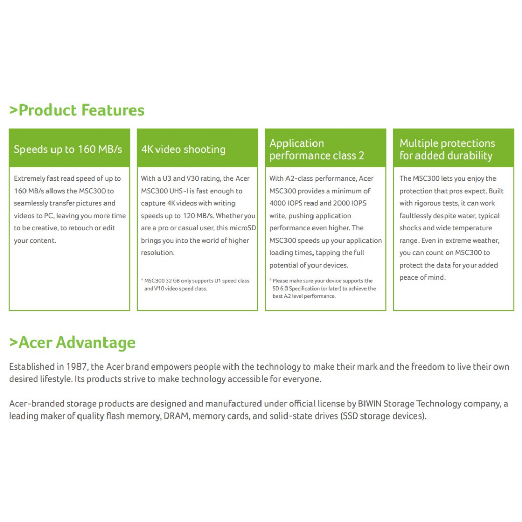 Thẻ Nhớ Acer MSC300 Quay Video 4K Chính Hãng