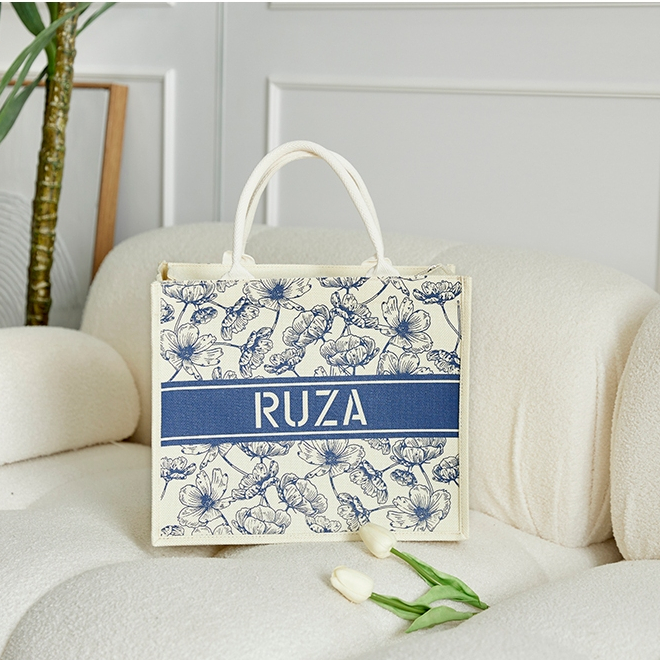 Túi cói vải RUZA dạo phố, khoá kéo hoạ tiết hoa thời trang thanh lịch PTP003