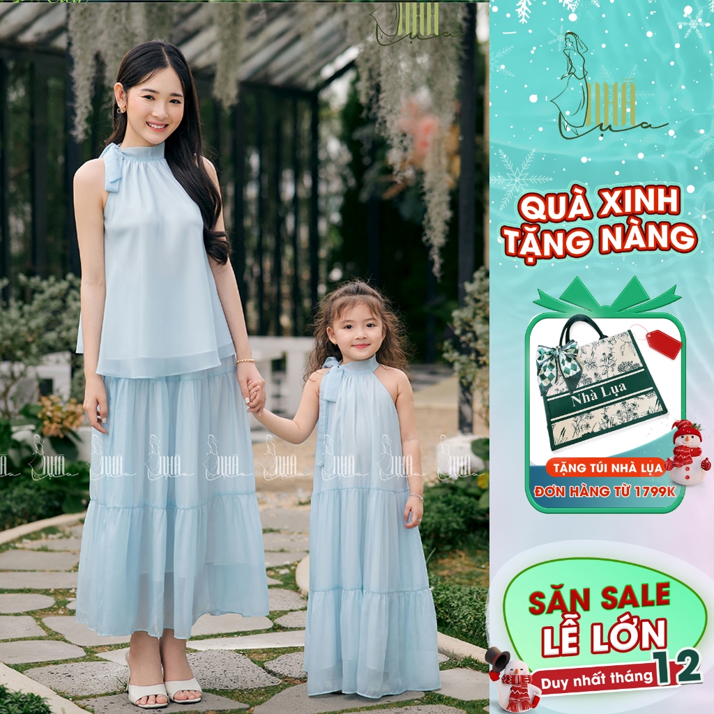 (Combo) Set chân váy dài xếp ly Hạ Miên mẹ và bé gái đi du lịch Hạ Miên-Set đồ đôi mẹ và bé gái kiểu dáng nàng thơ CB05