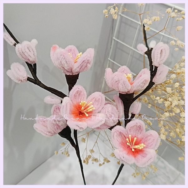 Nhánh hoa đào hồng Handmade | Hoa kẽm nhung decor trang trí nhà cửa ngày tết