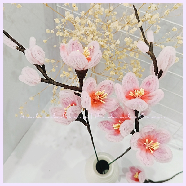 Nhánh hoa đào hồng Handmade | Hoa kẽm nhung decor trang trí nhà cửa ngày tết