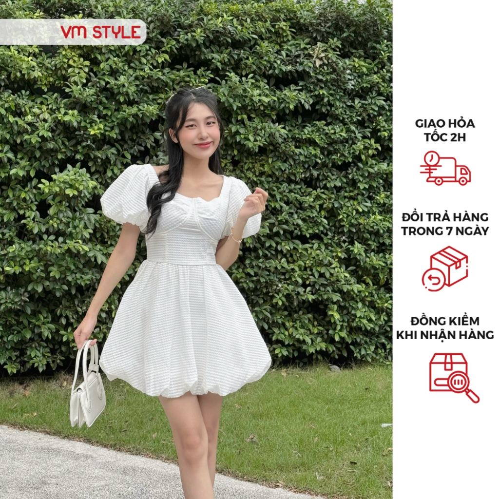 Đầm nữ VMSTYLE dáng ngắn trơn tay bí đuôi phồng xoè đơn giản đi chơi, đi tiệc, đi đám cưới H15 - VDU00372