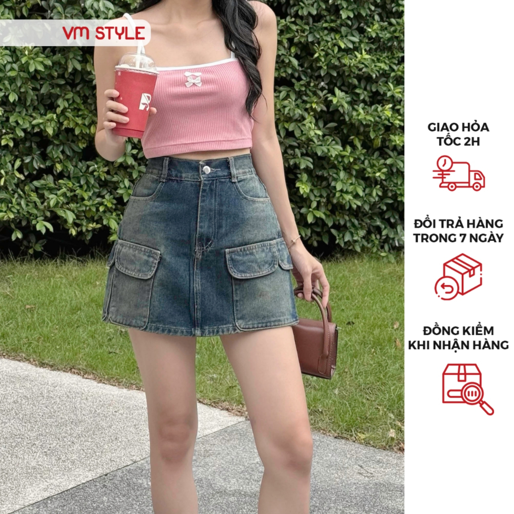 Chân váy jean denim nữ VMSTYLE dáng ngắn cạp cao lai thường túi nắp hộp kiểu basic đi chơi, dạo phố 21 - CVJ00063