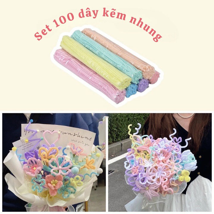 Set 100 dây kẽm nhung màu pastel handmade,Dây kẽm lông nhiều màu làm hoa tulip, quà tặng 20/10 - Loại 1