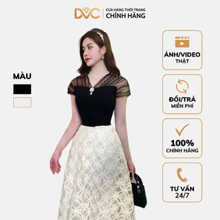 Đầm Nữ Dự Tiệc Sang Trọng, Đầm Đen Be Họa Tiết Hoa Thiết Kế Tiểu Thư Cổ Ren Đính Cườm Cực Sang Chảnh DVC Fashion V3923