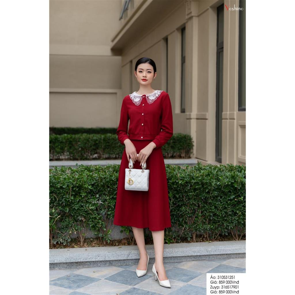 Áo cadigan ngắn đi bộ zuýp xoè màu đỏ mận Yoshino