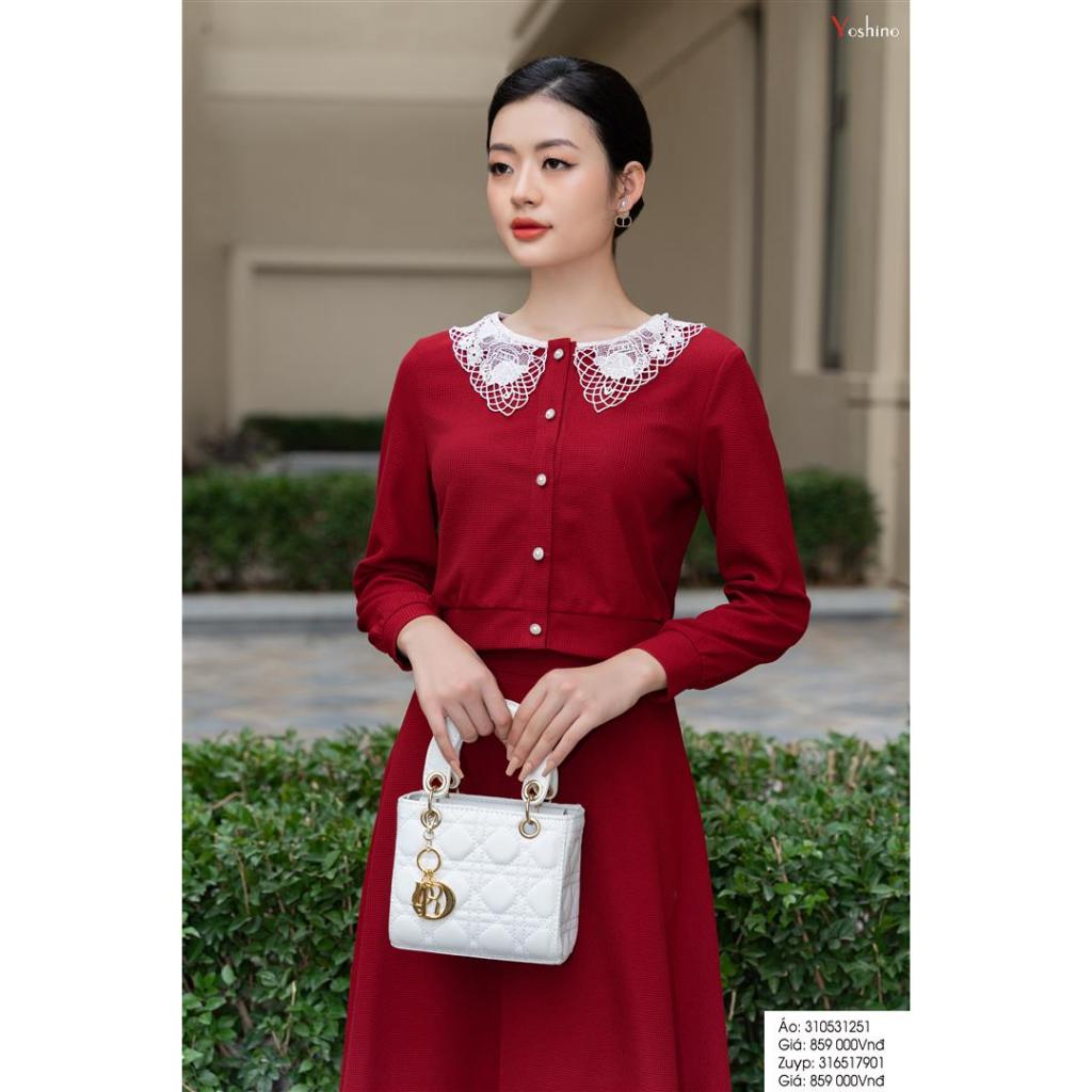 Áo cadigan ngắn đi bộ zuýp xoè màu đỏ mận Yoshino