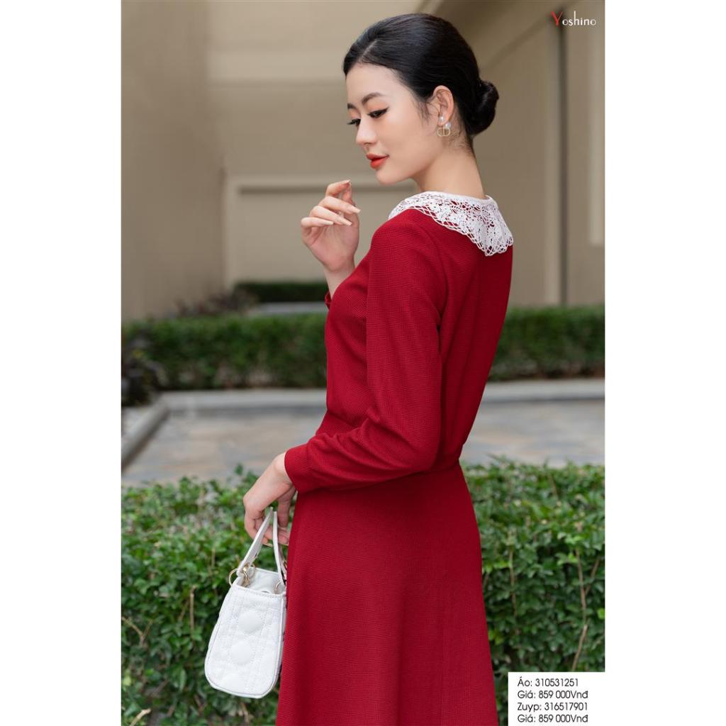 Áo cadigan ngắn đi bộ zuýp xoè màu đỏ mận Yoshino