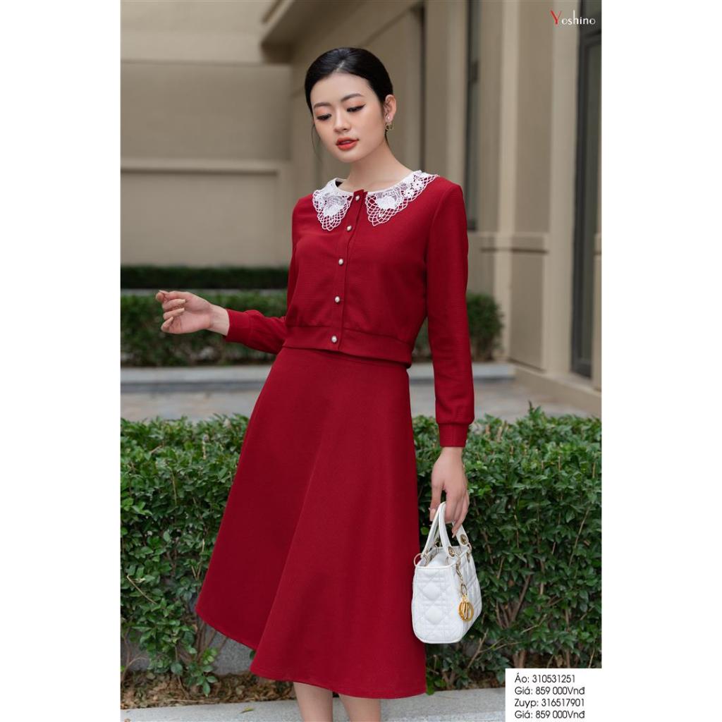 Áo cadigan ngắn đi bộ zuýp xoè màu đỏ mận Yoshino