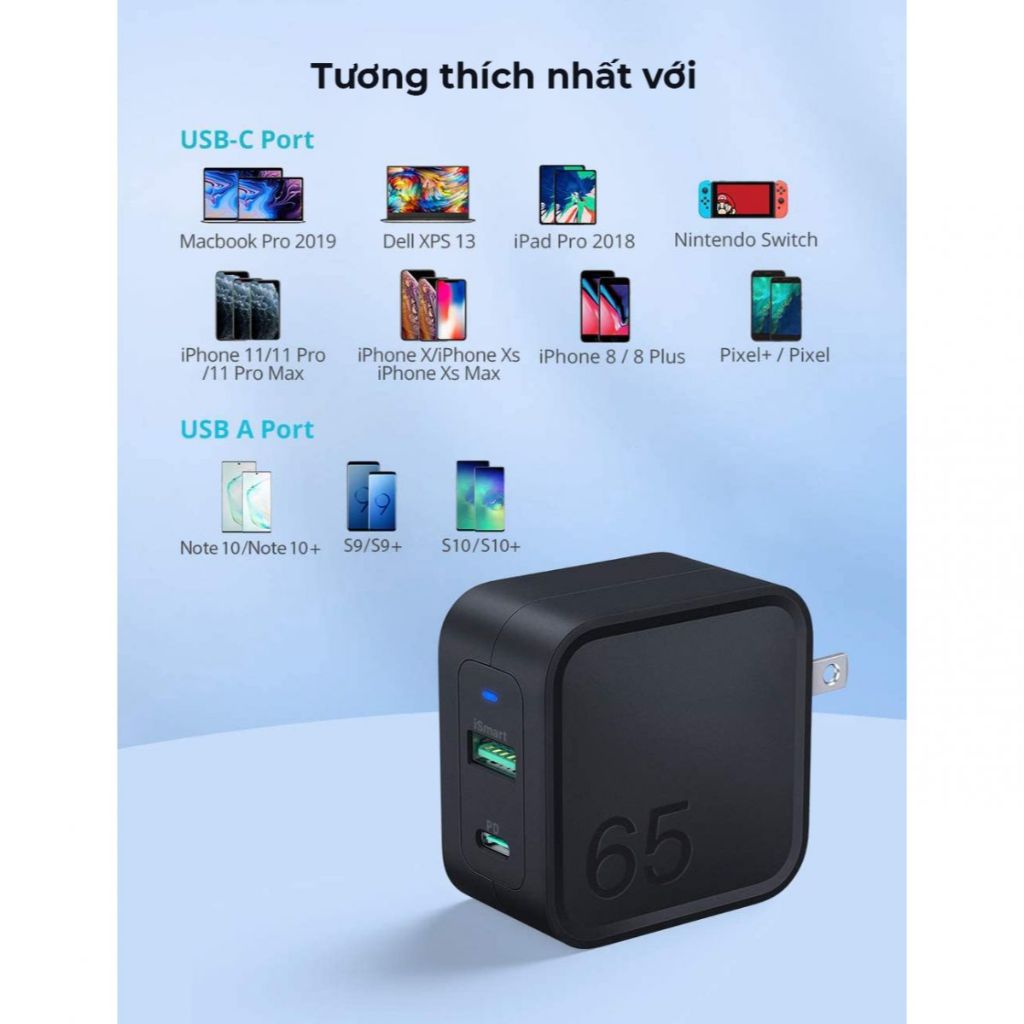 Củ Sạc siêu nhanh 2 cổng sạc(1PD+1 USB) RAVpower RP- PC133 CPCN002 GaN Tech PD3.0 65W sạc nhanh cho 