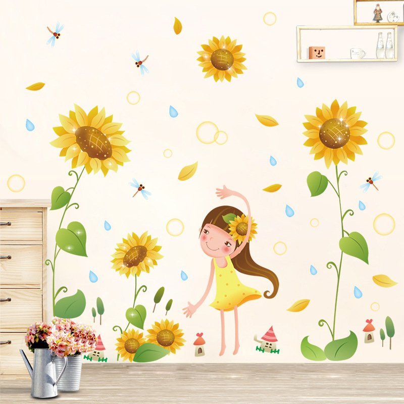 Tranh decal dán tường CÔ GÁI HƯỚNG DƯƠNG dễ thương trang trí phòng khách - Decal dán tường