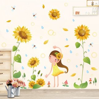 Tranh decal dán tường CÔ GÁI HƯỚNG DƯƠNG dễ thương trang trí phòng khách - Decal dán tường