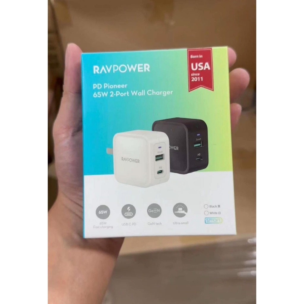 Củ Sạc siêu nhanh 2 cổng sạc(1PD+1 USB) RAVpower RP- PC133 CPCN002 GaN Tech PD3.0 65W sạc nhanh cho 